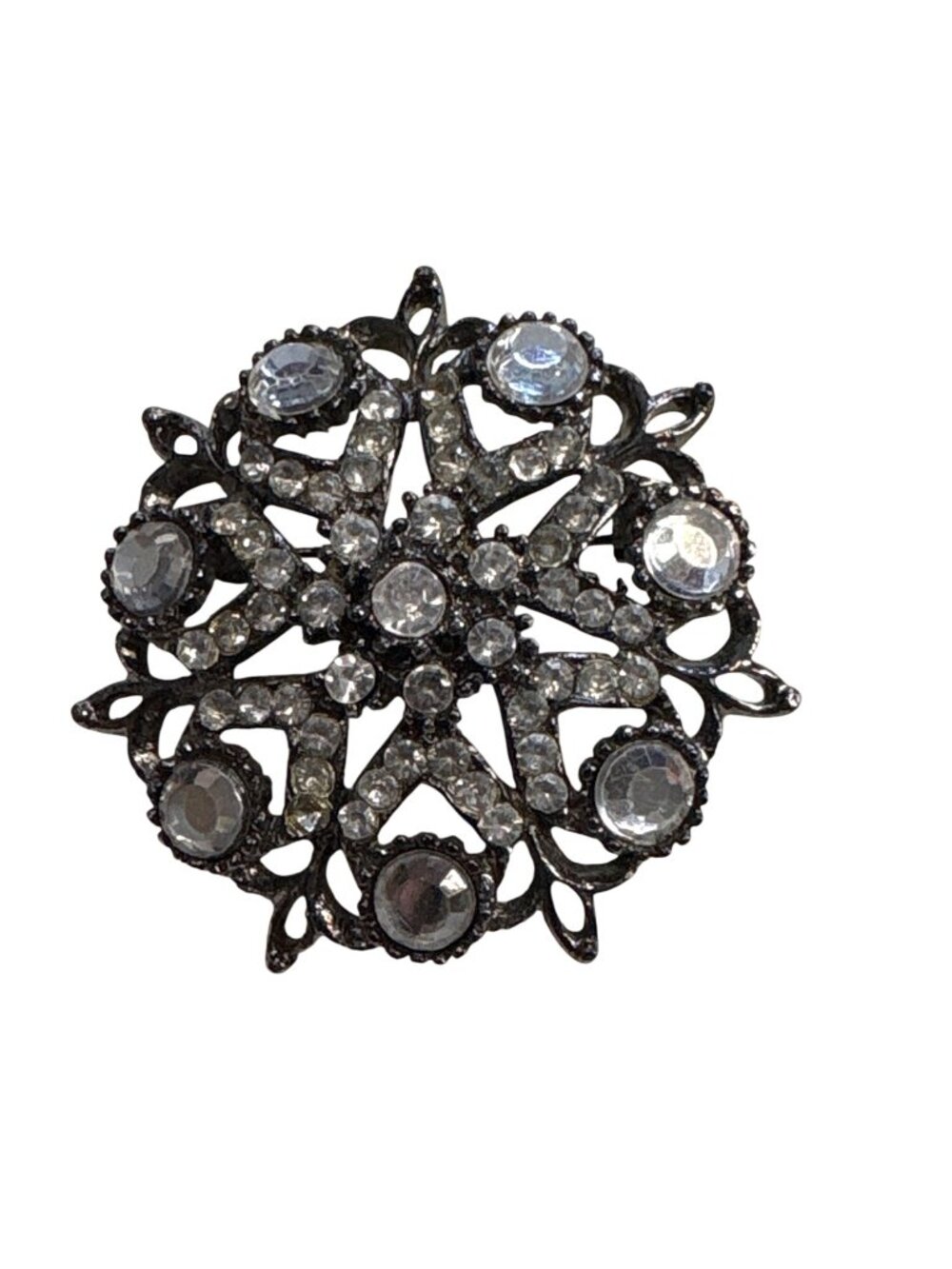 Vintage Rhinestone Filigree Round Brooch Pin With Clear Crystals 20.24g 2 Inches